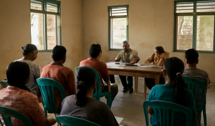 Warga duduk dalam pertemuan komunitas di balai kampung untuk membahas advokasi
