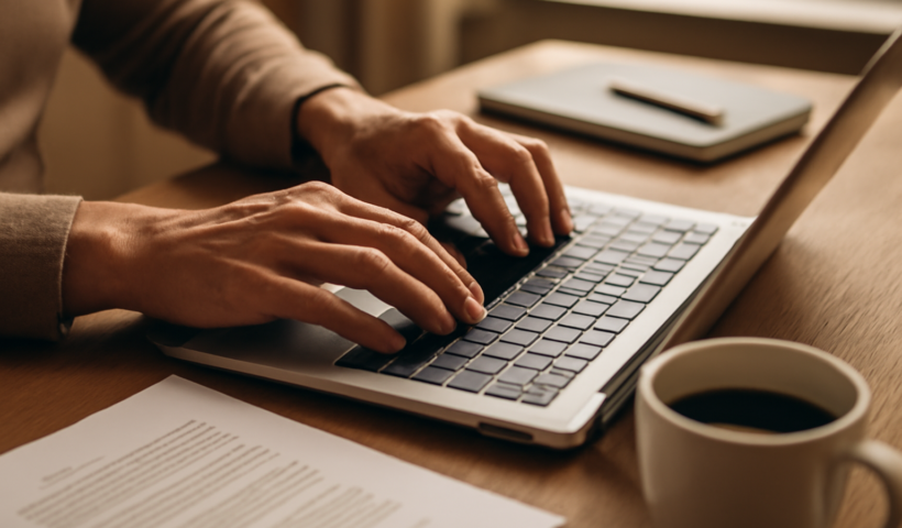 Tangan seseorang mengetik surat warga di laptop didampingi dokumen cetak dan kopi di meja kayu
