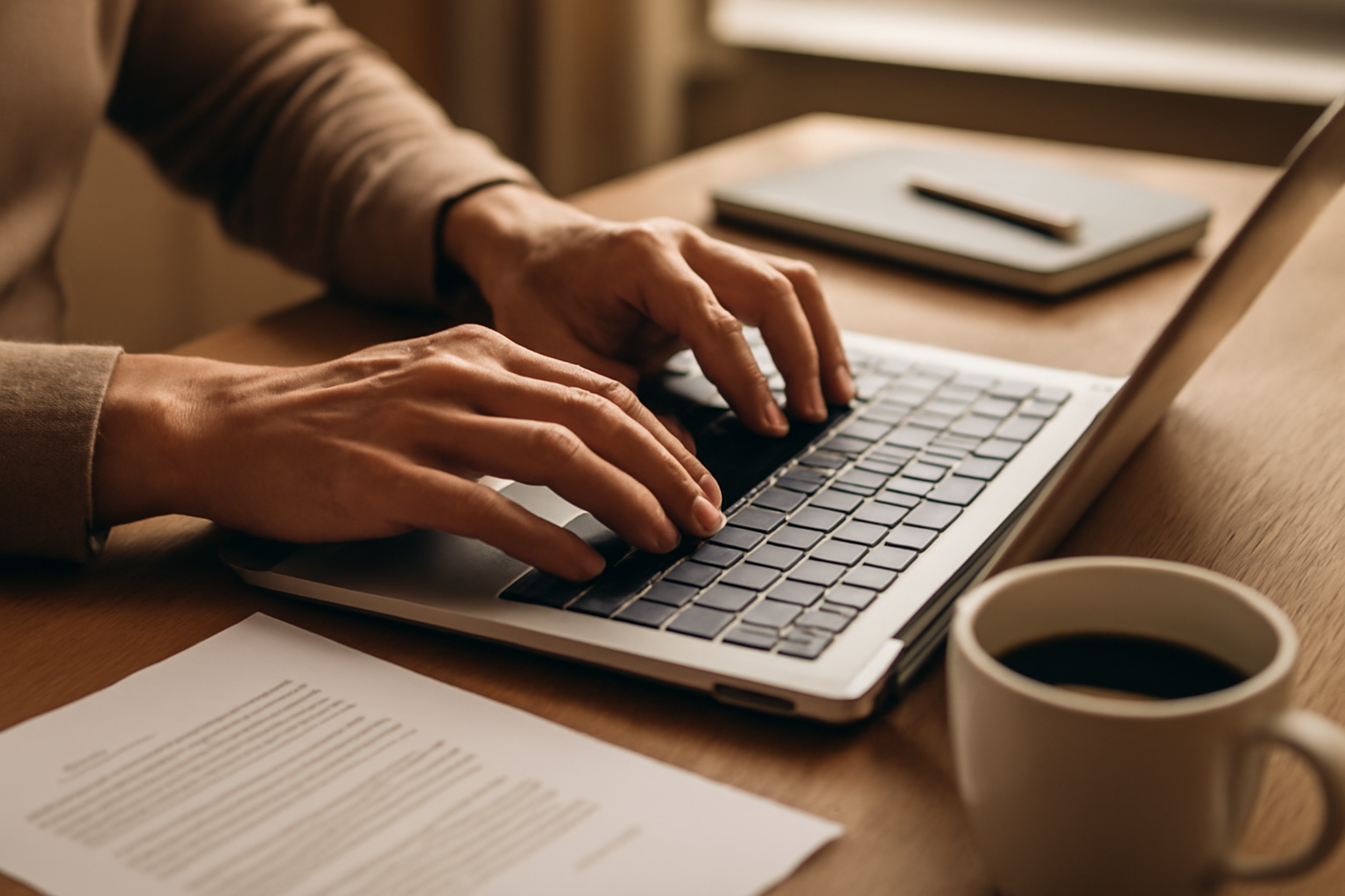 Tangan seseorang mengetik surat warga di laptop didampingi dokumen cetak dan kopi di meja kayu