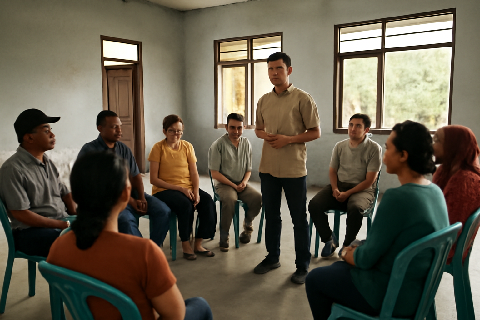 Warga duduk melingkar dalam musyawarah di balai pertemuan untuk membahas kampanye
